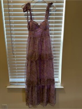 NWT Evolution Lavender Floral Tiered Maxi Dress with Tie Shoulder Straps